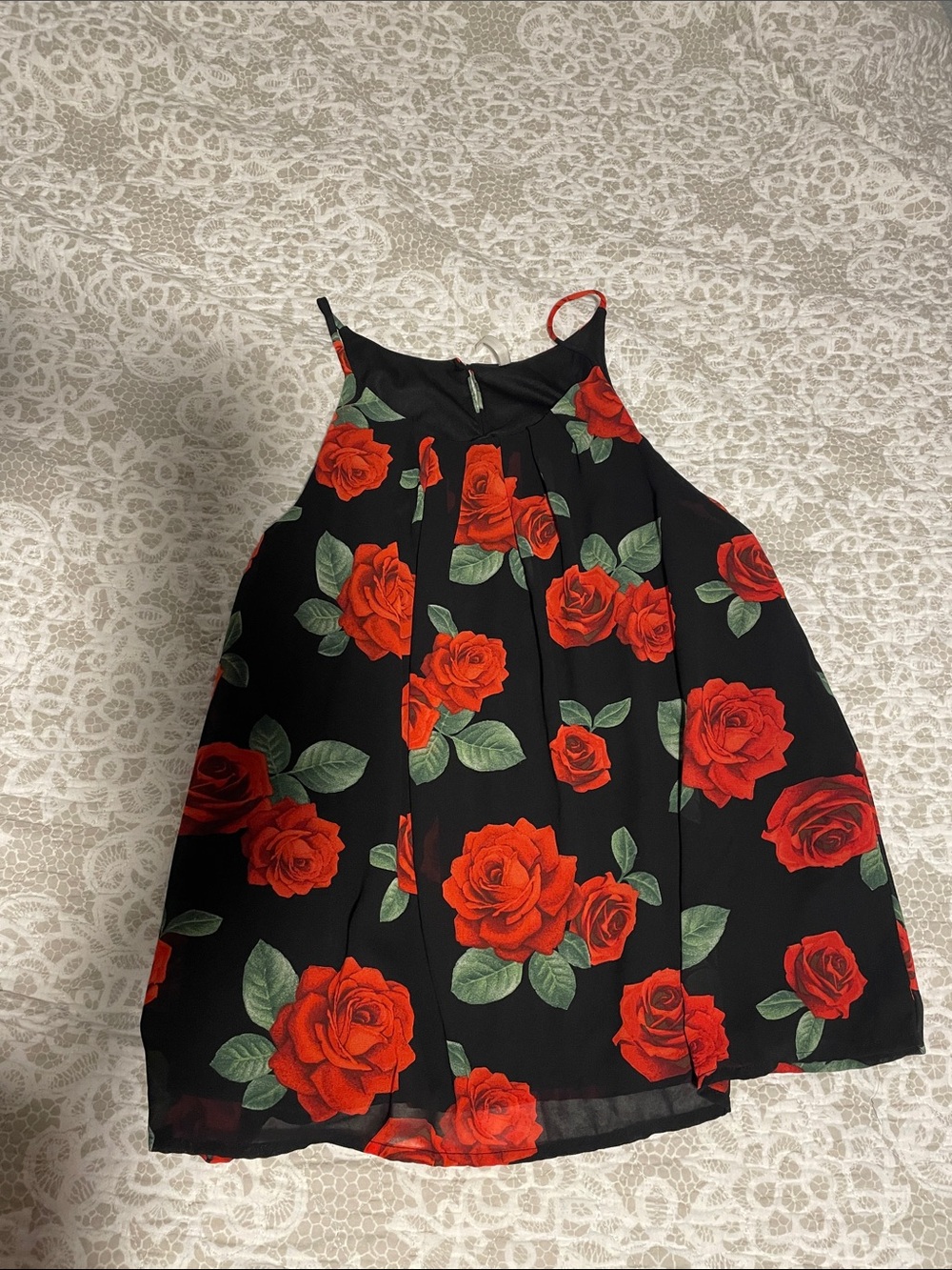 DNA couture Black Halter Tank with Red Rose Print